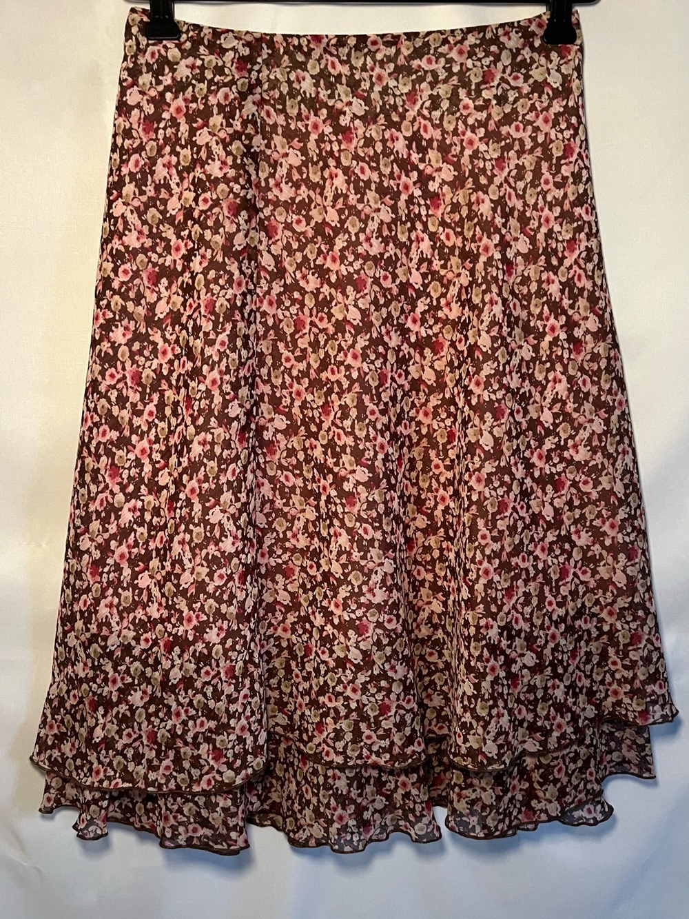 dressbarn Brown Floral A-Line Skirt with Pink Flowers
